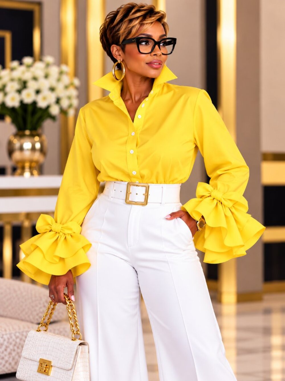 Yellow Ruffle Bow Cuff Statement Blouse Plus Size 0XL 12